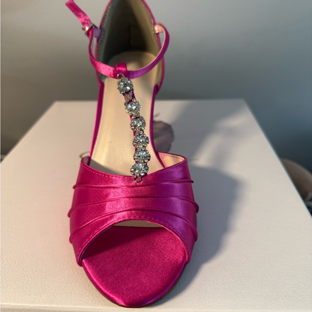 David's Bridal Fuchsia Satin Heels with Rhinestones